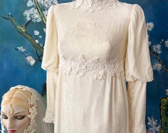 60s Cream Silk Velvet and Lace Trimmed Wedding Dress Romantic Bishop Sleeve Long Sleeve Wedding Gown Bridgerton Style S by Murray Hamburger
