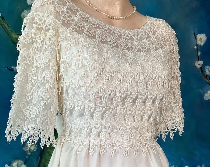 Featured listing image: 1950s Sabrina Givenchy-esce Princess Bride Beach Wedding Dress Cream Silk Organza Lace Scoop Neck Boho Prairie Gown Small BRIDAL ORIGINALS