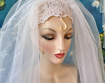 1970s Bridal Veil White Lace Crown Headband Cap Scalloped Fingertip Blusher Veil Three Tier Layered Bridal Veil Lace Trim Veil