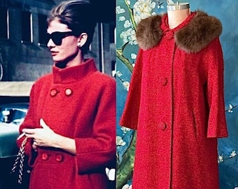 1950s Red Boucle Wool Coat Fur Collar Large Matching Buttons Lilli Ann Vibes Swing Coat Dry Cleaned Ready to Wear Plus size L XL by Lamberts