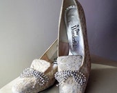 Marie Antionette Style Lace Design Shoes Bridal Shoes Flat Bridal Shoes Loafers Womens Slippers Bows Sparkly Shoes Silver Wedding Shoes