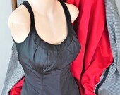 Haute Holiday Sale 50 off 1950 39 s Dress Bathing Suit Marilyn Monroe Black Modest Swimsuit Vintage Rayon Stretch Pleated Front Open Back Swims