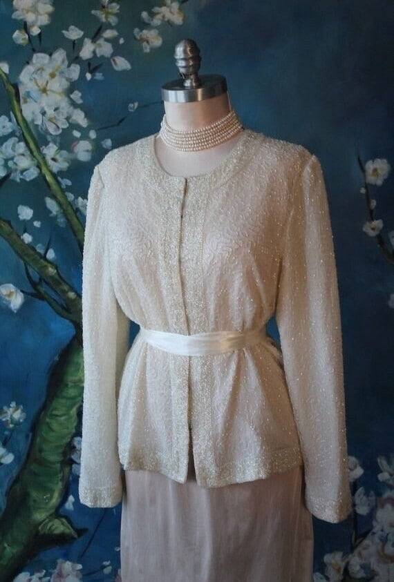 Cream Beaded Silk Wedding Sweater Formal Cardigan 