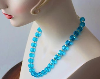 Bridal Jewelry Aquamarine Blue Round Glass Bead Costume Jewelry Art Deco Style Great Gatsby Party Art Deco Style Bead Necklace 20" Long