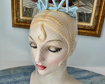 Antique Vintage 30s Bridal Tulle Crown Tiara Hat & Veil Handmade Blue Silk Tulle Silk Ribbon Wire Frame Fairytale Princess Bride Blue Fairy