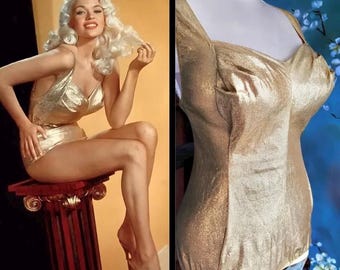 50s COLE of CALIFORNIA Gold Lame Bathing Suit Pinup One Piece Swimsuit Marilyn Monroe/Jayne Mansfield Vibe Restored Plus size B 44/W 36/H 48