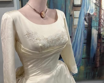 PRISCILLA of BOSTON Look Princess Bride 40s Couture Wedding Gown Liquid Satin Bow Lace Applique Shelf Bust Band Waist S by Kistler Collister
