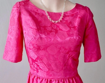 Audrey Hepburn Breakfast at Tiffany's Style 1960's Fuchsia Pink Rose Brocade Fabric Long Ball Gown Prom Bridesmaid Handmade Dress size S