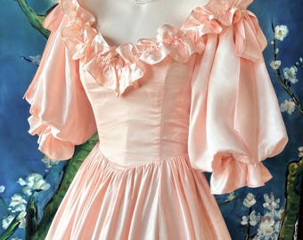 70s LAURA ASHLEY Look Wedding Gown Prom Dress  Pastel Peach Satin Off Shoulder Bow Trim Milkmaid Corset by CONTEMPO/S size Bust 34/Waist 25