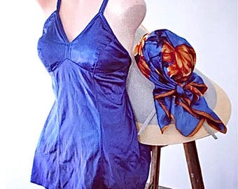 1940s Satin Swimsuit: Royal Blue Halter One Piece (M-L)