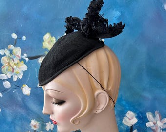 Vintage 1940s Juliette Style Tilt Hat Skullcap Steampunk Goth Rockabilly Pinup Black Straw Fascinator Hat