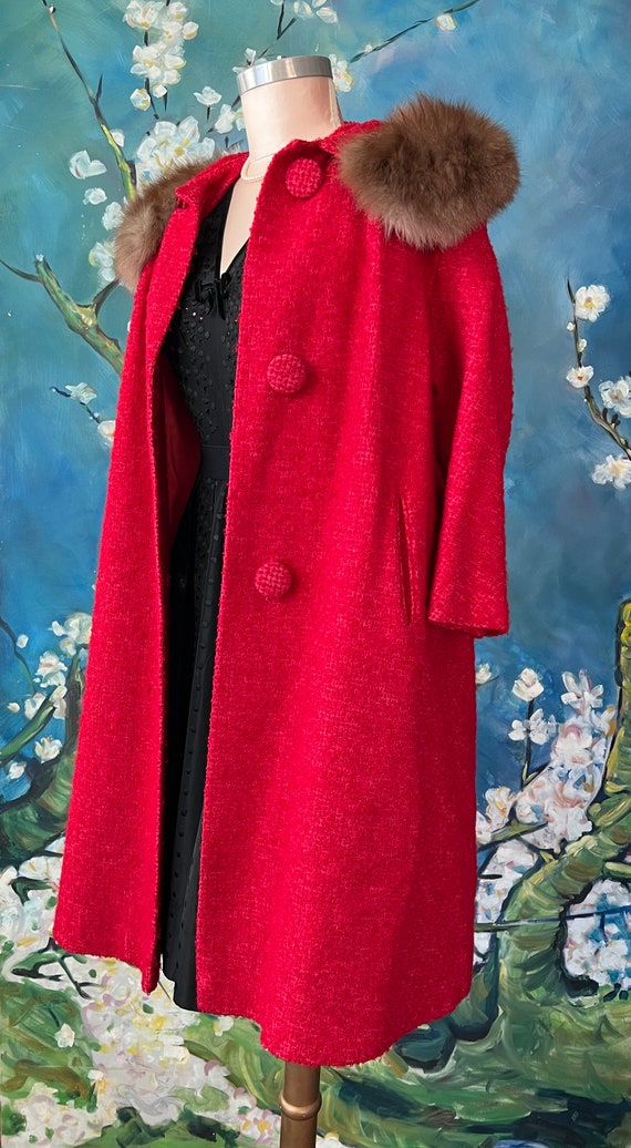 1950s Red Boucle Wool Coat Fur Collar Large Match… - image 8