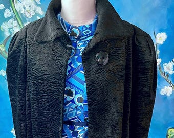 1940s Black Velvet Swing Coat: Faux Lambswool Fur, Plus Size