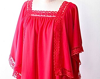 70s Red Polyester Knit Maxi Dress Plus Size Kaftan Caftan Handkerchief Long Sleeve Maternity Gown Hippie Festival Holiday Maxi Dress