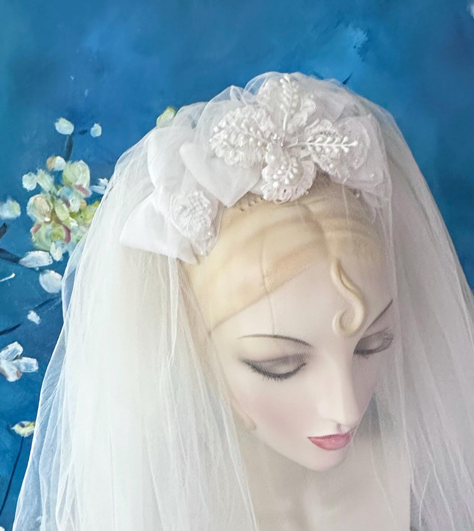 Vintage Yellow Cocktail Feather Look Hat Tulle Veil. Faux Pearl. Church Wedding White and Mint Vintage Inspired Feather Fascinator With  main image 2