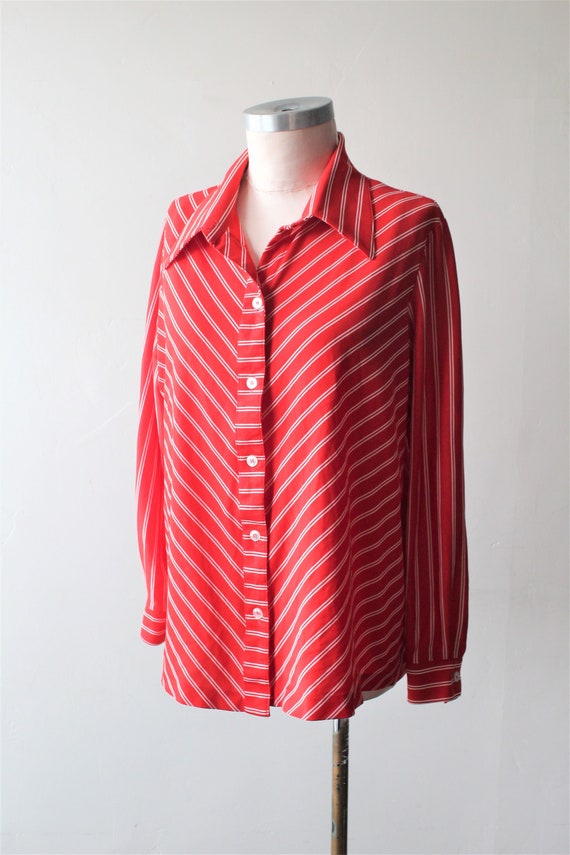 Red and White Stripe 1970's Polyester Button Fron… - image 1