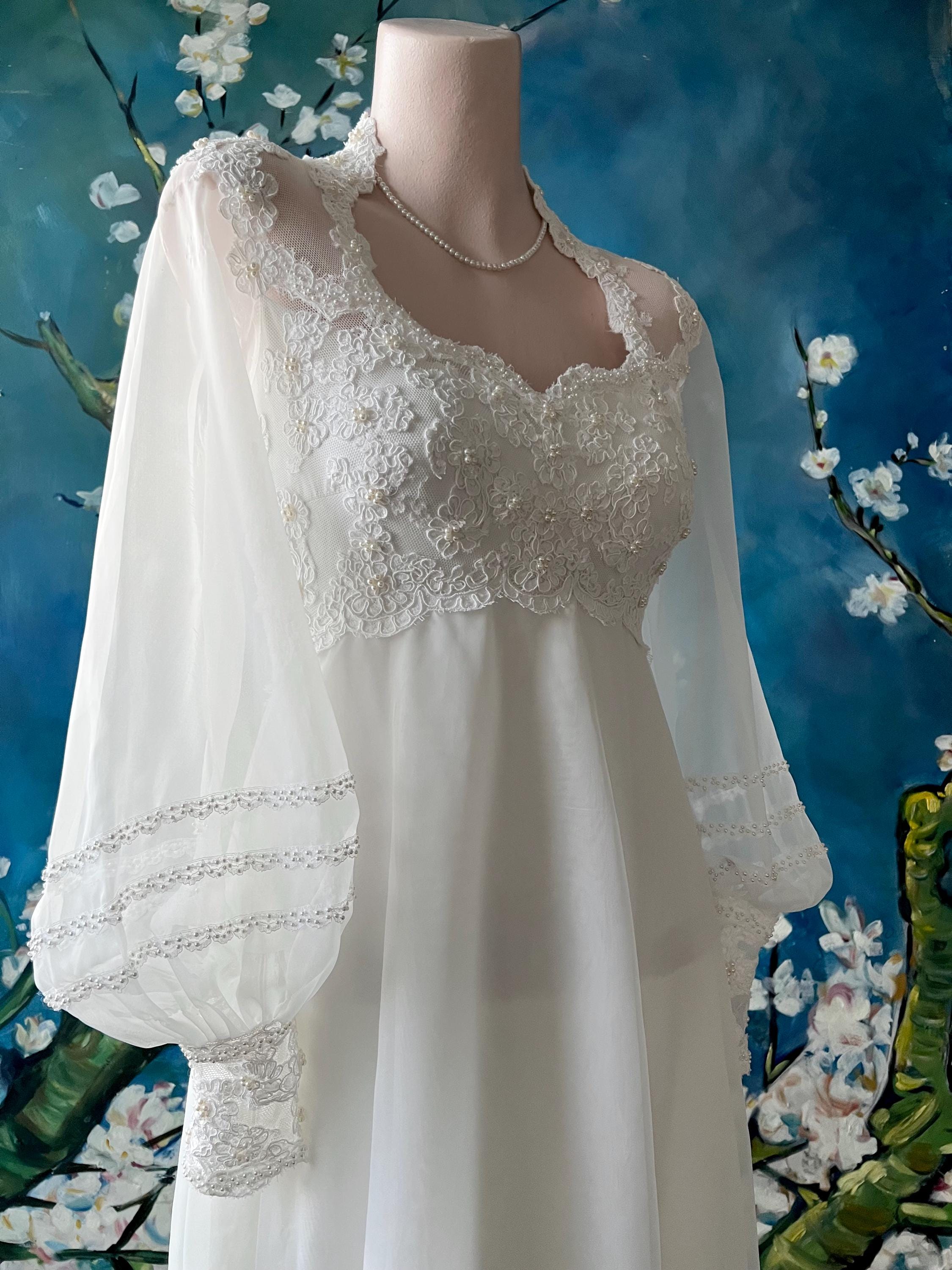 PRISCILLA of BOSTON Bishop Sleeve 70s White Chiffon Wedding Dress
