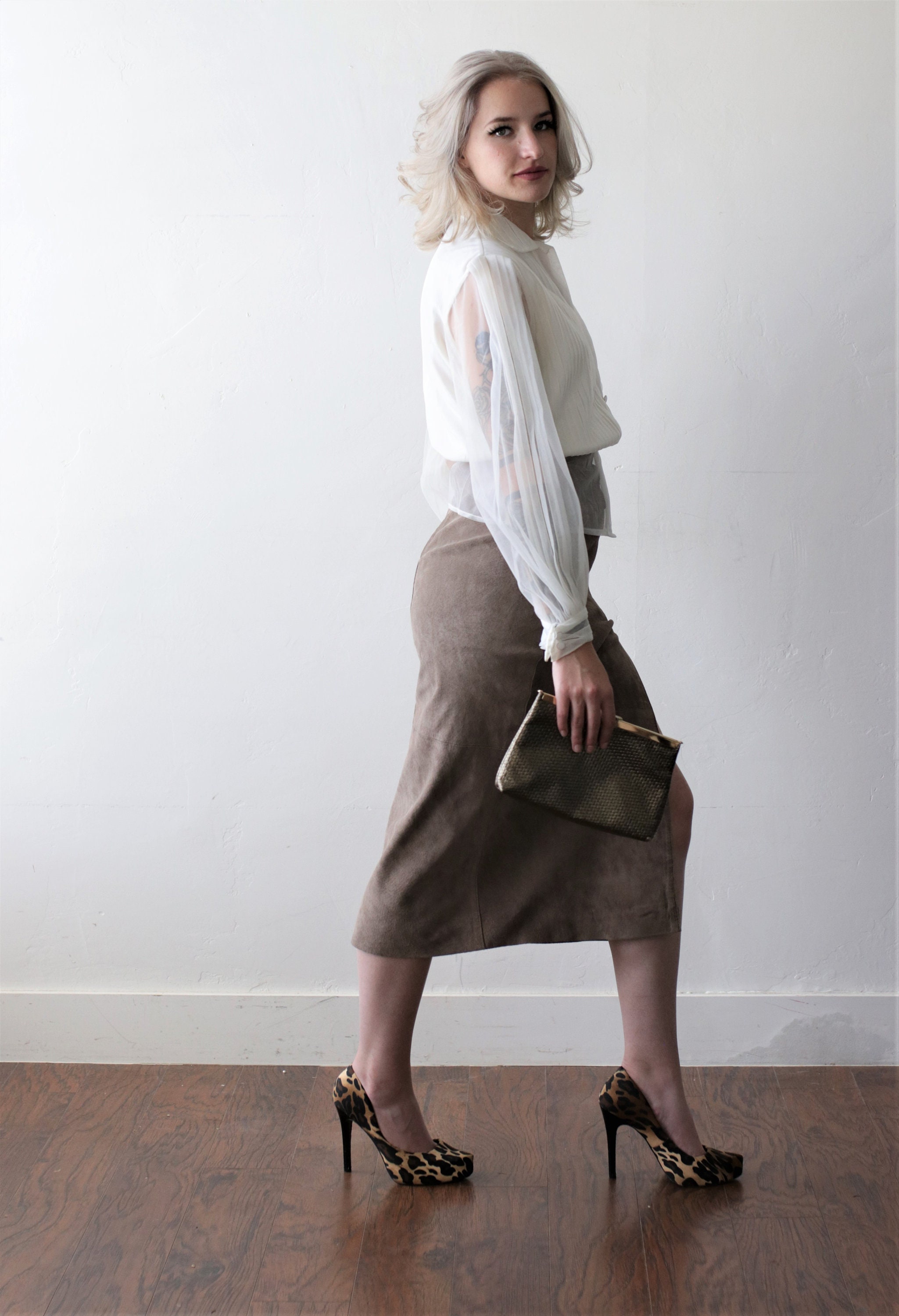 Suede Leather Skirt Taupe Grey Pencil Skirt Knee Length Midi Etsy