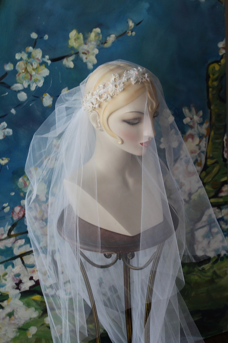 Priscilla of Boston White Eggshell Halo Crown Cathedral Blusher Drop Veil Long Wedding Veil Headband Chapel Wedding Veil image 9