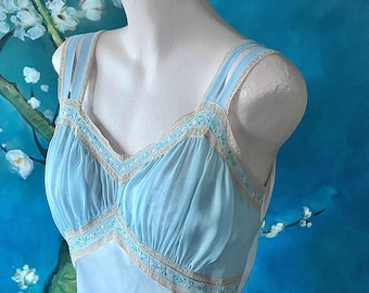 40s Blue Satin Silk Applique Lace Dressing Gown Nightgown Vintage 1940s Bias Cut Silk Boudoir Lingerie Large Plus Size Nu-Fit Shalamar Satin