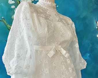 60s Eyelet Lace Empire Waist Wedding Dress: Silk Organza Removable Train, XS Petite