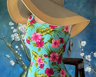 NWT Sexy Modest Swimsuit Scoop Back Vintage Swimsuit Aqua Blue Pink Floral Hibiscus Print Plus Size 16 by SPEEDO