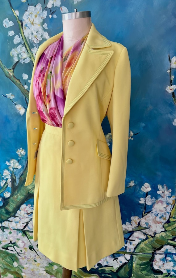 LILLI ANN 60s Yellow Knit Skirt Suit Set Secretary Dress Wide Collar Jacket Midi Pencil Box Pleat Skirt Kelly Green Topstitching size Medium