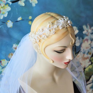 Priscilla of Boston White Eggshell Halo Crown Cathedral Blusher Drop Veil Long Wedding Veil Headband Chapel Wedding Veil image 2