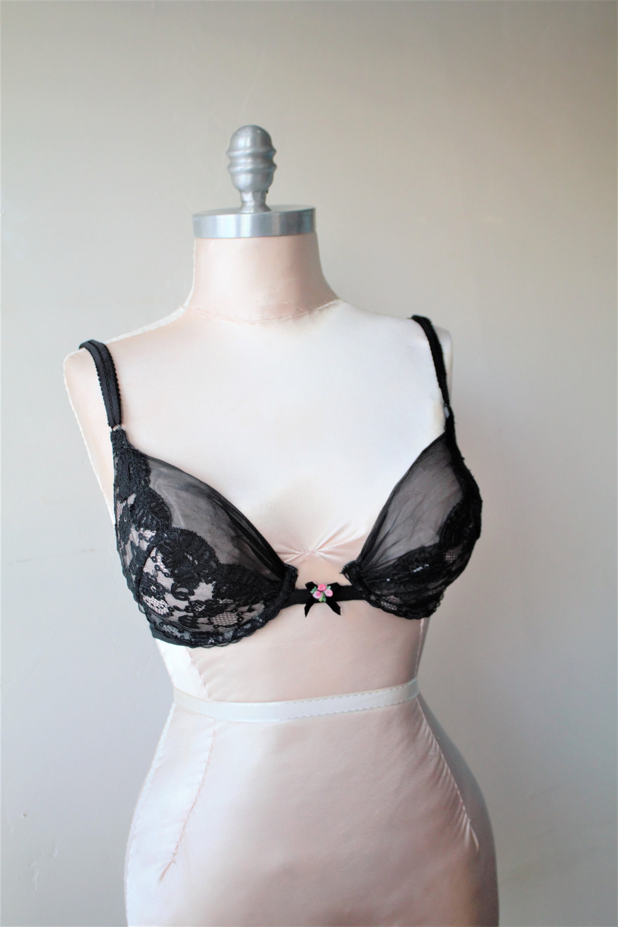 See Through Bra See Through Lingerie Brassiere Sexy Underwear Sheer  Lingerie Bra Black Lace Pin up Bra 60s Lingerie Hollywood Vassarette 36C