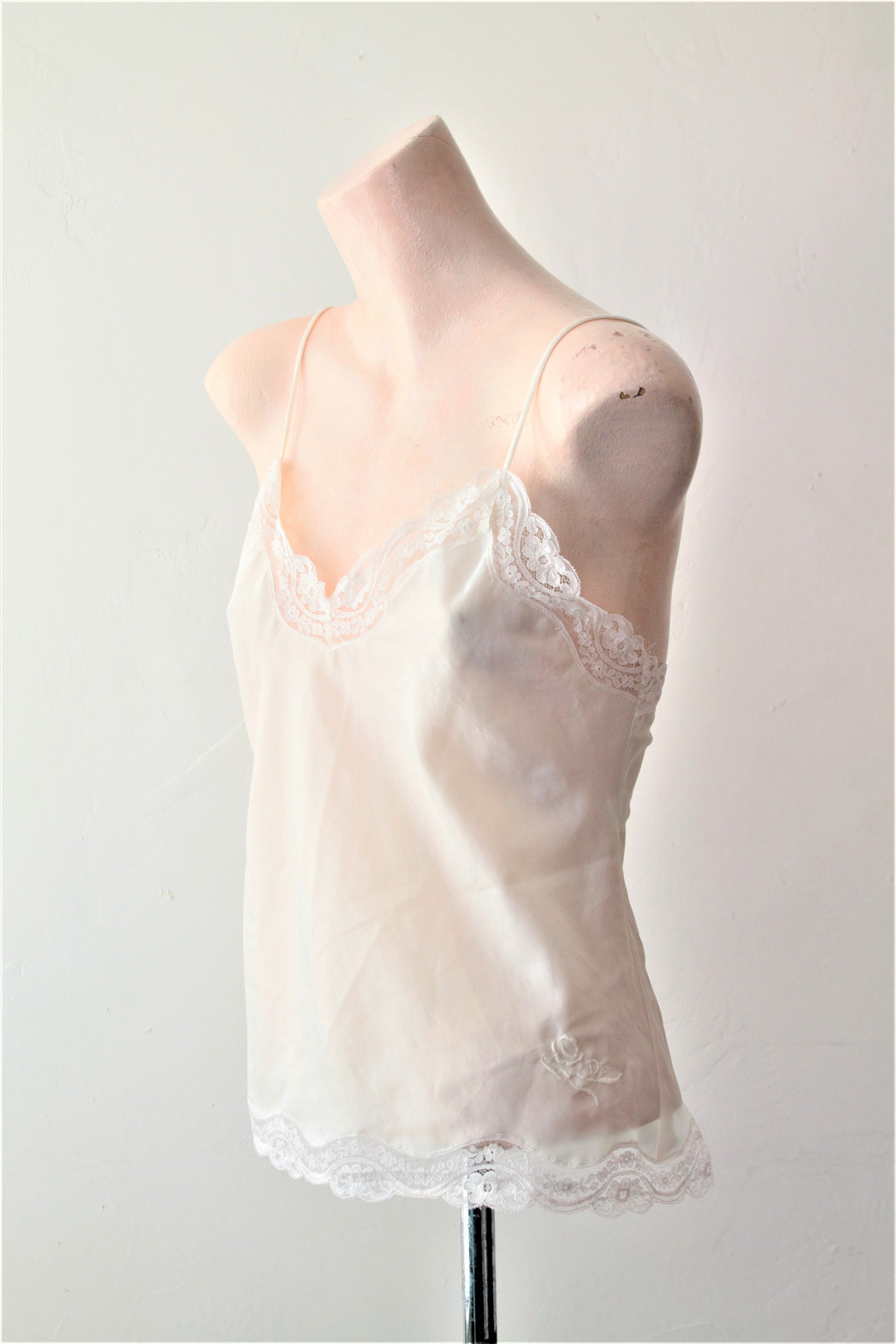 Medium 90s White Silk Camisole Vintage Floral Eyelet Trim Lingerie