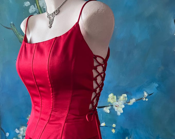 Featured listing image: Vintage 80s Red Satin Prom Dress: Corset Bodice Ball Gown S/M