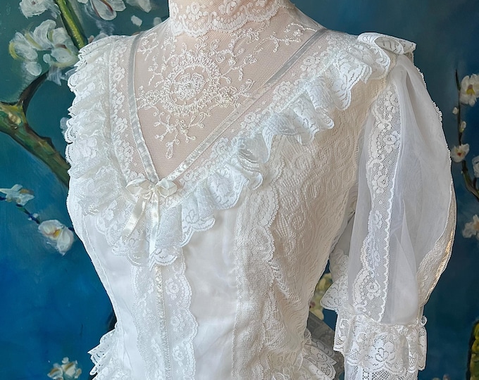 Featured listing image: Gunne Sax Style 70s 80s White Wedding Dress Western Prairie Princess Bride Chiffon Lace Bishop Sleeve Bottom Ruffle Train Plus Size JCPenny
