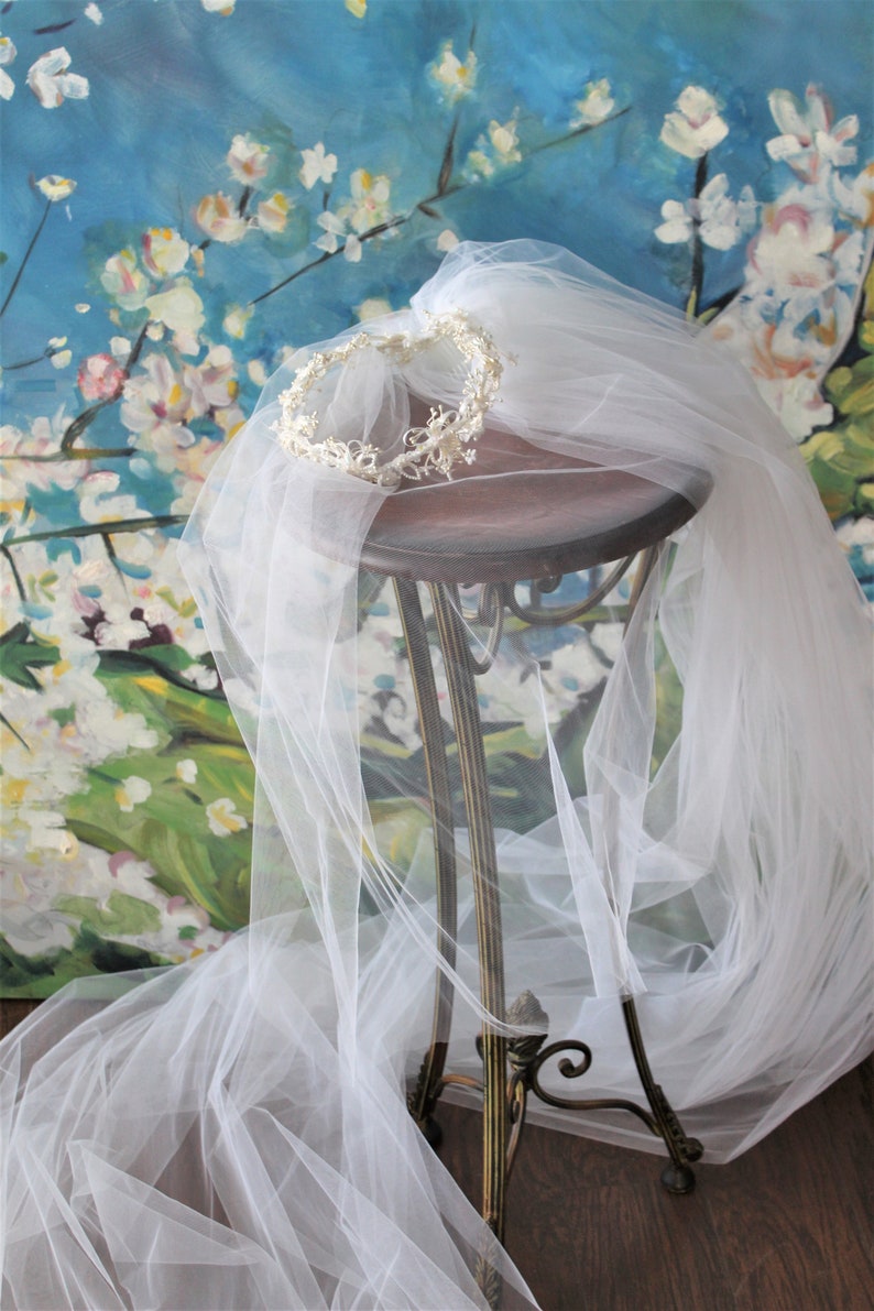 Priscilla of Boston White Eggshell Halo Crown Cathedral Blusher Drop Veil Long Wedding Veil Headband Chapel Wedding Veil image 7