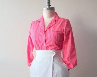 Secretary Blouse Groovy Blouse Office Dress Blouse 70s Dress Blouse Pink Polka Dot Polyester Blouse Long Sleeve by Ship n Shore size S-M