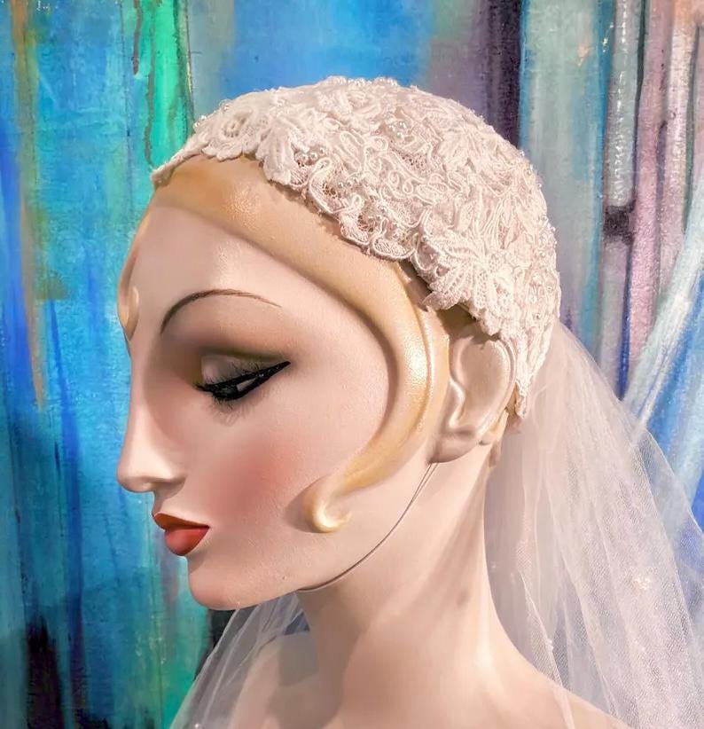 Priscilla of Boston Cathedral Wedding Veil Beaded with Pearls Off White Lace Applique Juliet Cap Sequins Pearls Restored Ready to Wear 105