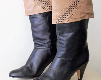 80's Black Boots Women Leather Boots Biege Cuffs Ankle Leather Boots Calf Boots Mid Calf Boots Pirate Boots by Made in Brazil
