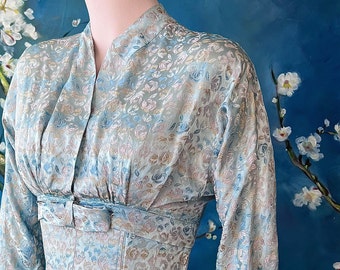 1950s Dress Blue Gold Rose Brocade Fabric Dress and Matching Bolero Jacket with Bow Prom Bridesmaid Holiday Dress size S by CRESTA