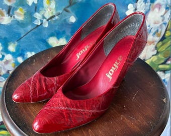 Patent Leather Lipstick Red Eel Skin Leather Heels  High Heel Holiday Pumps 1980s Womens Pumps Womens High Heels size 7- 7 1/2 by JOYCE