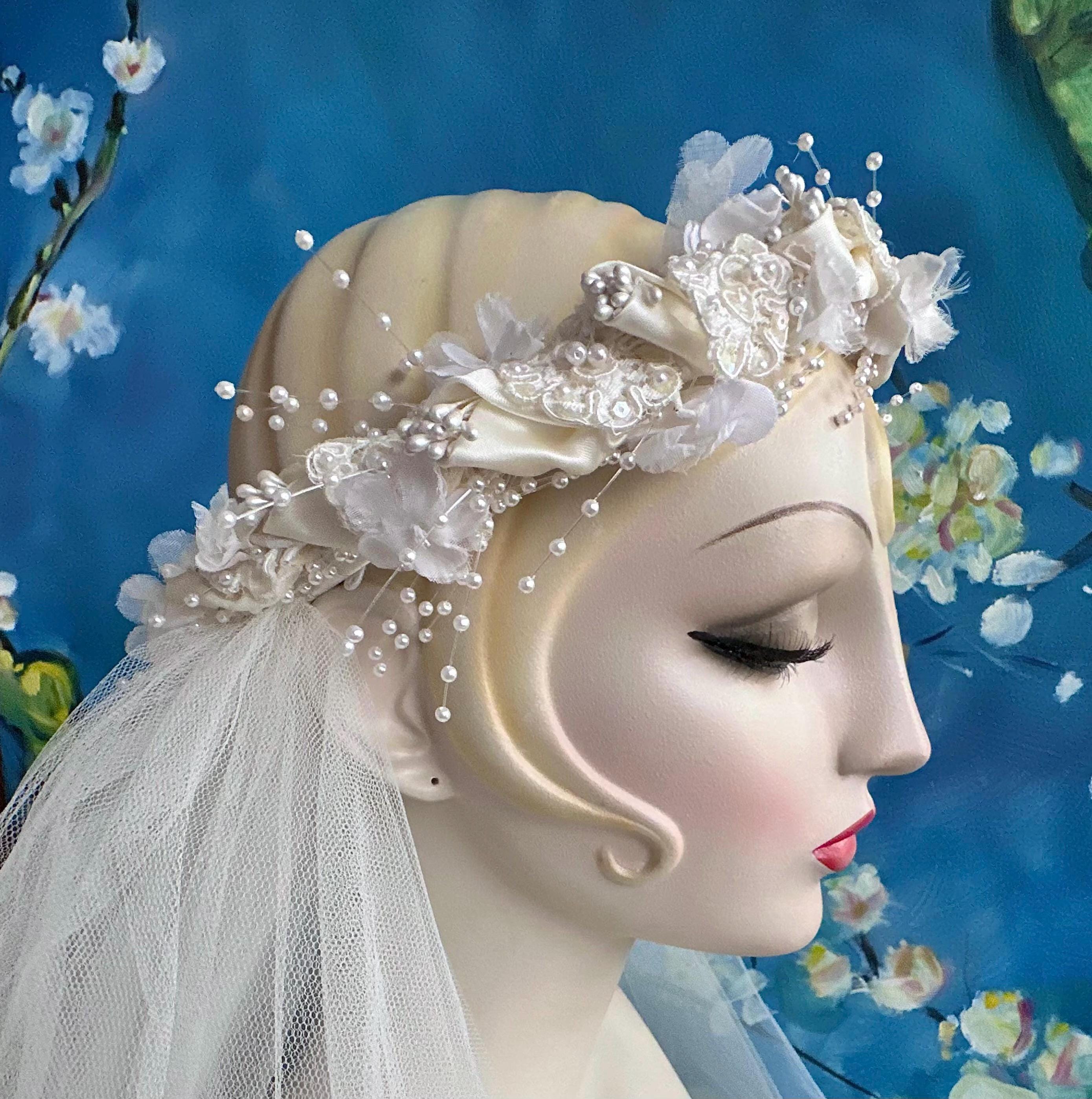 Vintage 1979 Priscila Of Boston Bridal Veil Headpiece Made Of Satin Pearl Beads Wedding Dress Wednesday: Pricilla of Boston late 1960 main image 4