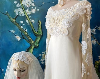 60s Bridgerton Bride Princess Bride Cream Chiffon Wedding Gown Beaded Lace  Regency Dress Jane Austen Style Edwardian Vibe Priscilla Look M