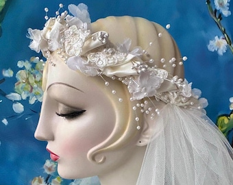 Romantic Blusher/Fingertip Length Halo Wedding Veil: Cream Satin Rosebuds Beaded Crown Restored Ready to Wear
