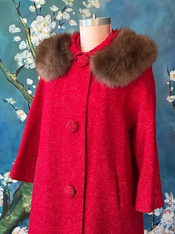 1950s Red Boucle Wool Coat Fur Collar Large Match… - image 3