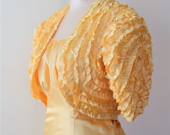 Simple Wedding Dress Unique Long Golden Yellow Satin Prom Dress Bias Cut Skirt 20s - 30s Golden Yellow Rayon Satin Bolero Ruffle Jacket Set