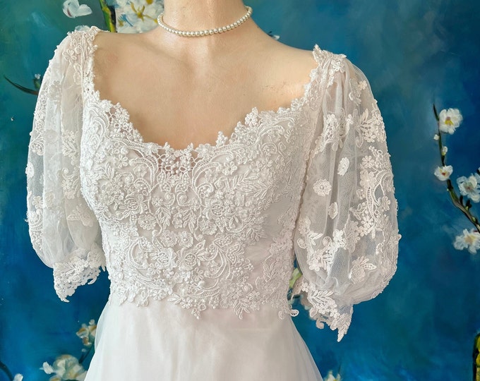 1960s 70s Beach Wedding Dress Gown White Chiffon Skirt Alencon Lace ...
