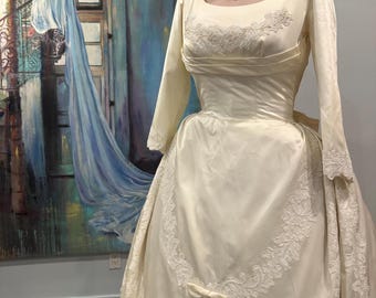 40s/50s Couture Liquid Satin Wedding Gown, Size Small