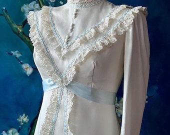 1960s 70s Cream Satin Prairie Princess Bride Wedding Dress Antique Vibe Design Crochet Lace Eyelet Trim Blue Silk Ribbon Bow Wedding Gown S