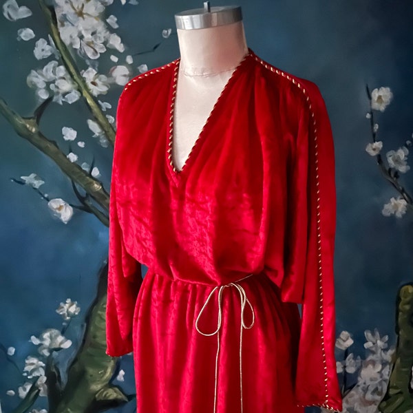 1980s does 1930s Art Deco Style Red Velvet Dress Lounge Robe Dressing Gown Gold Trim Holiday Christmas Plus Size Bill Tice Saks Fifth Avenue