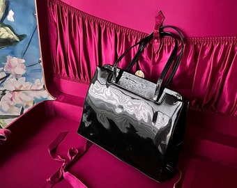 Black Patent Leather Mid Century Satchel Purse by LEWIS Matching Top Handle 50s Shiny Black Rounded Corners Hand Bag Sexy Secretary