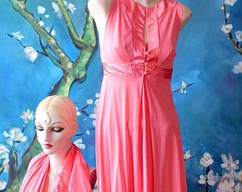 1970s Tangerine Satin Peignoir Set: Vintage Nightgown Robe, Gossard Artemis