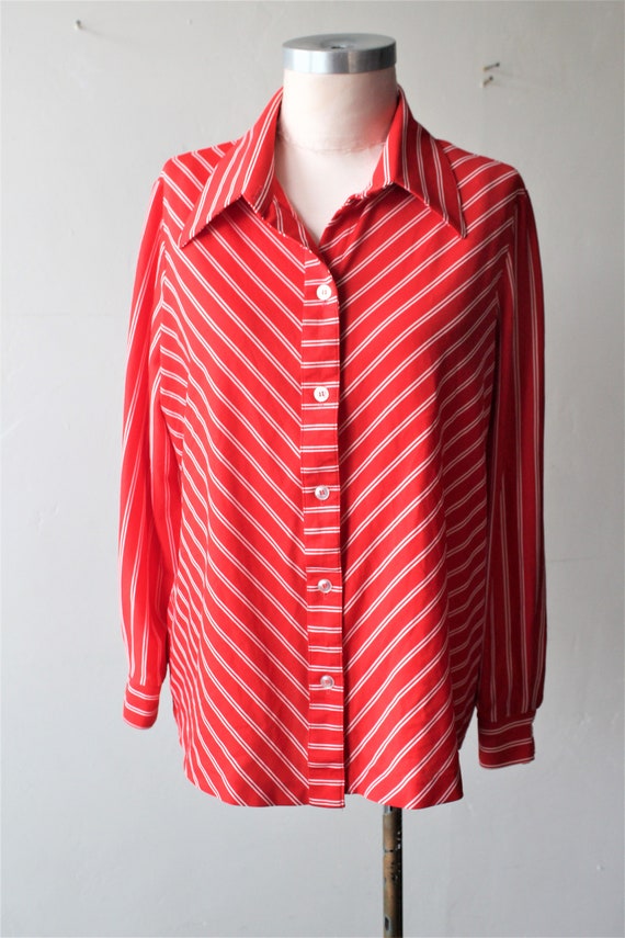 Red and White Stripe 1970's Polyester Button Fron… - image 2
